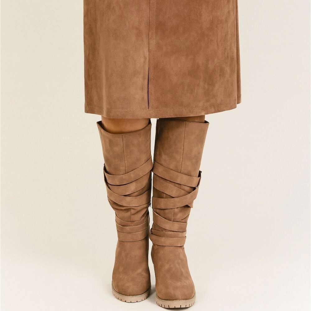 Chunky Heeled Boots Taupe Brown Buckles 8 Strappy Winter Fall Mid Calf High